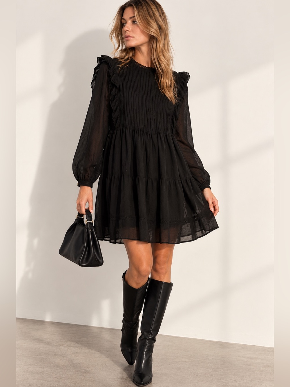Wilfred x La Bohème Black Ruffle Pleated Babydoll Mini Dress Size S